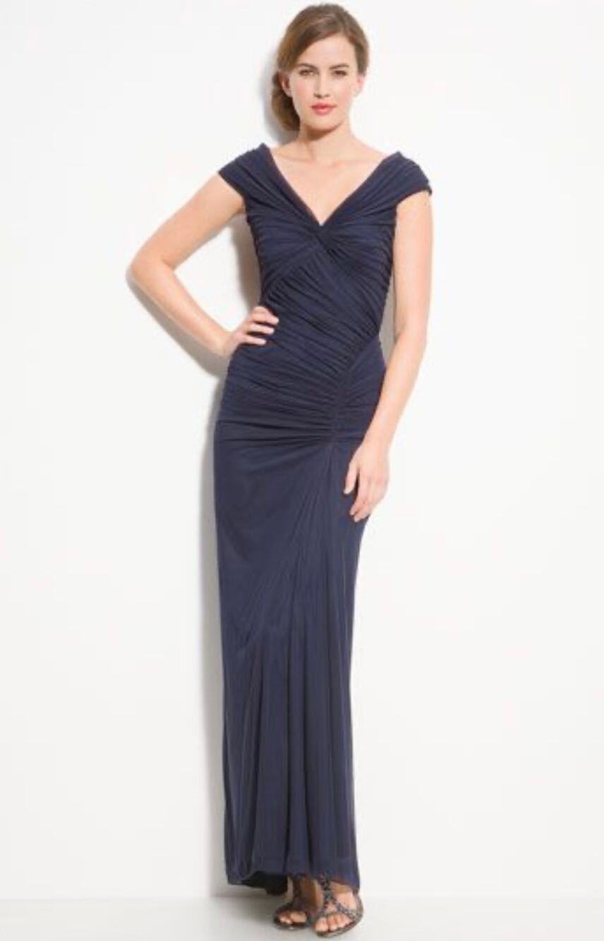 Tadashi Shoji Mesh Ruched V-Neck Maxi Gown Dress Women's Navy Size XL X-Large
